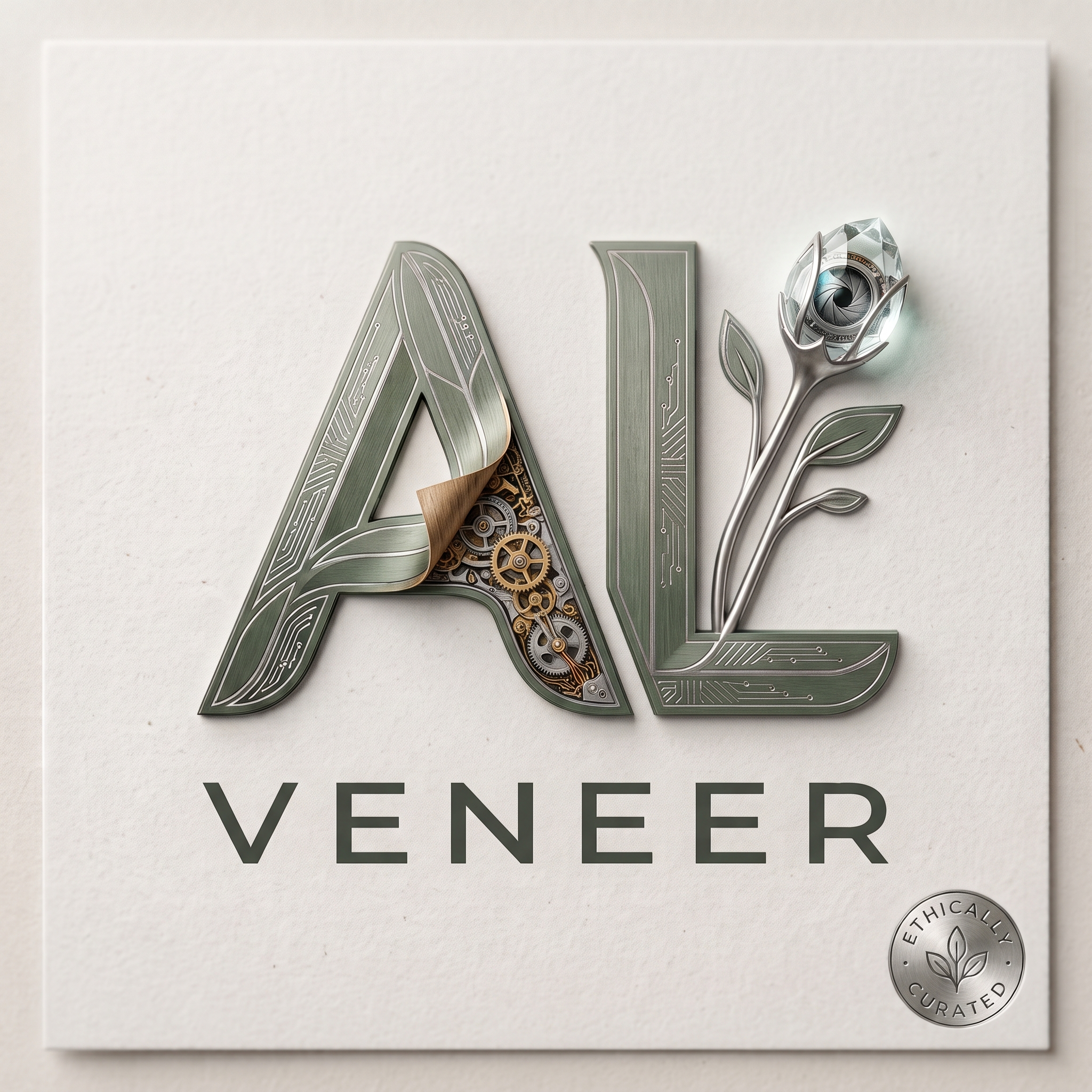 A. L. Veneer logo — the letters AL in brushed sage metal; a corner of the A peels back to reveal gears, and a silver flower blooms into a camera aperture.